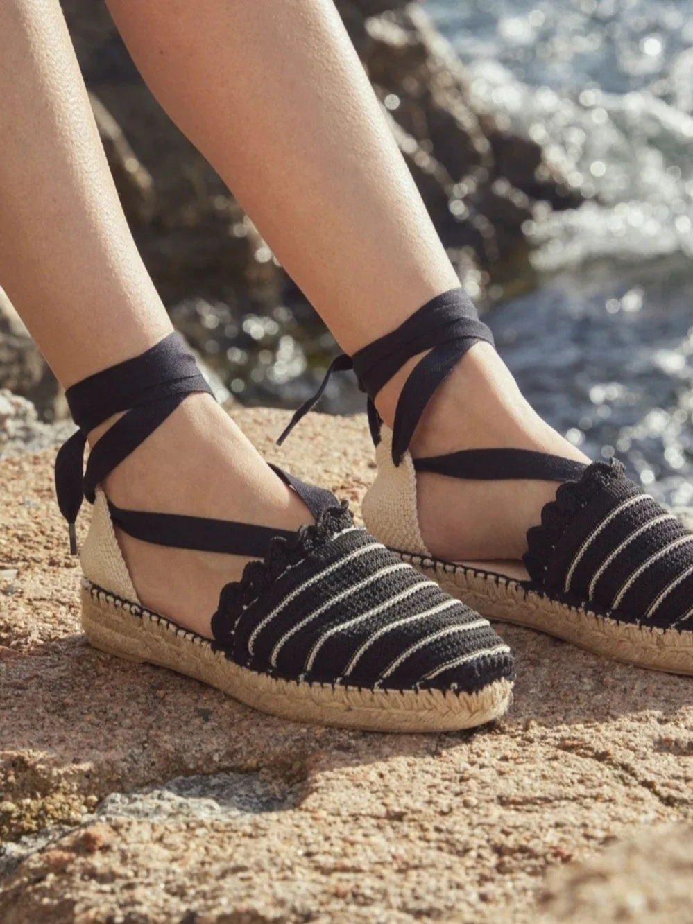 Toni Pons Oliueta Espadrille Flat with Black Ankle Tie In Black